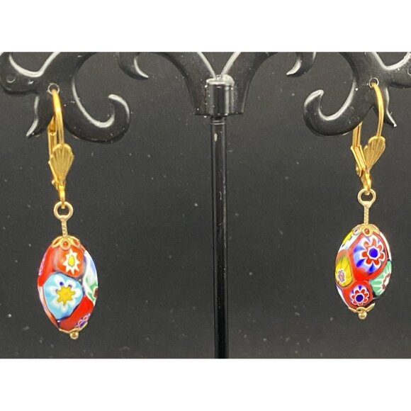 Vintage Millefiori Oval Bead Earrings Leverback Yellow Gold Plated Caps 1-5/8" - Picture 2 of 4